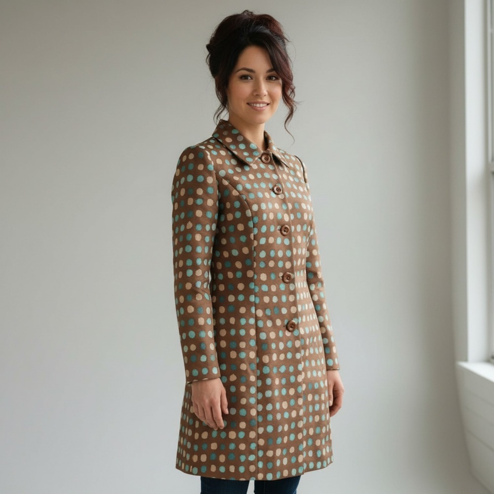 Bentley A. Brown Polka Dot Trench Coat Womens Large Teal Jacquard Button Jacket